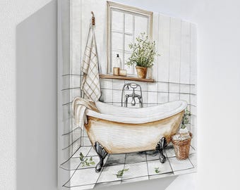 Obraz na płótnie z wanną w stylu rustykalnym: wanna na nóżkach w stylu vintage, rustykalna sztuka ścienna do łazienki