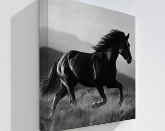 Black Horse Canvas Art: Monochrome Stallion Print with Floating Frame