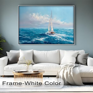Sailboat at Sea Canvas Wall Art, Coastal Ocean Painting with Natural Frame, Nautical Tranquil Decor for Beach House and Modern Interiors