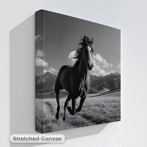 Black and White Wild Horse Canvas Art, Monochrome Equestrian Wall Decor, Modern Western Farmhouse Horse Print for Living Room,Canvas Art