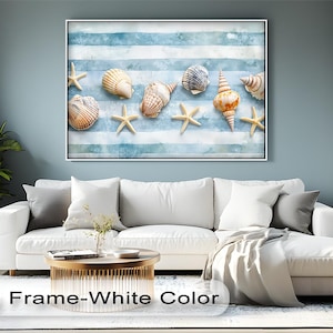 Coastal Shells and Starfish Canvas Art: Nautical Blue Stripe Print