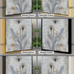 The image is a collage of six images, each depicting a floating frame with a floral design. The frames are colored in different shades of gold, black, and white, and the floral designs are rendered in silver, natural, and anthracite colors. The collage is organized in a grid format, with each frame arranged in a 2x3 grid.