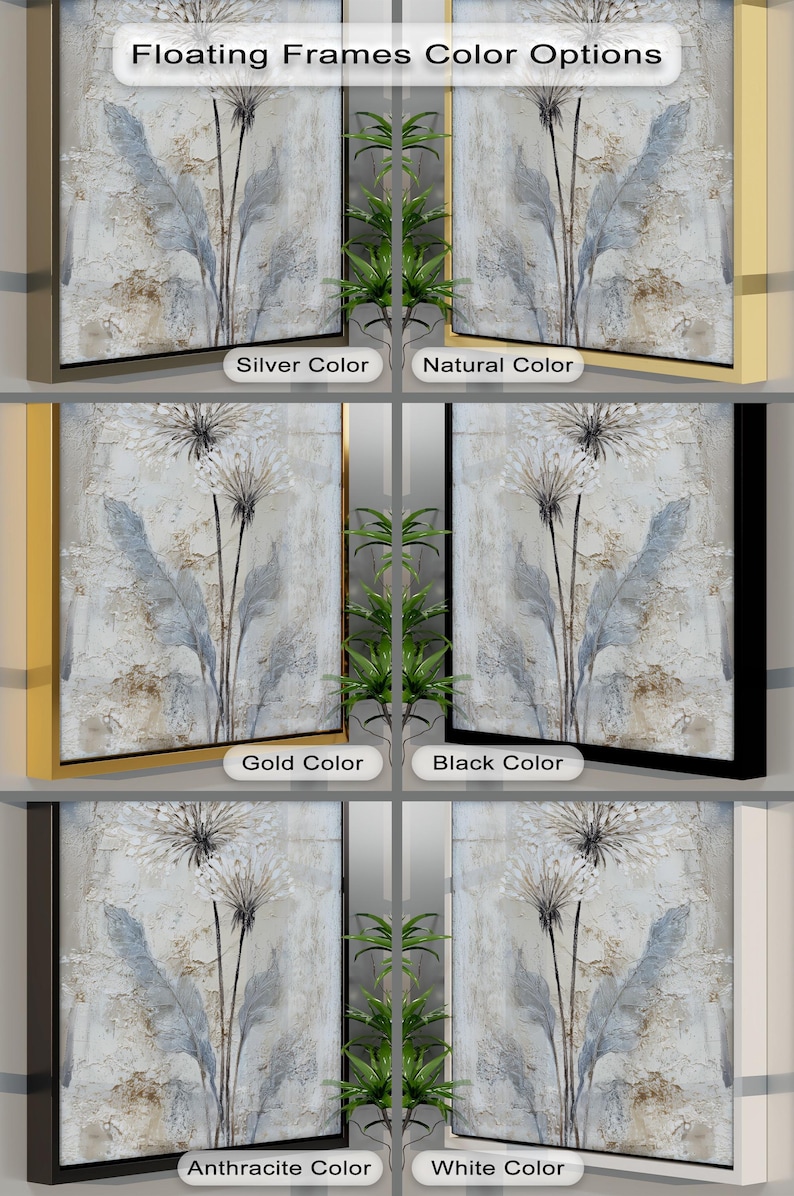 The image is a collage of six images, each depicting a floating frame with a floral design. The frames are colored in different shades of gold, black, and white, and the floral designs are rendered in silver, natural, and anthracite colors. The collage is organized in a grid format, with each frame arranged in a 2x3 grid.