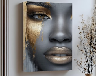 Golden Essence Wall Art – Black and Gold Abstract Woman Portrait Canvas, Luxury Floating Frame Modern Glam Artwork