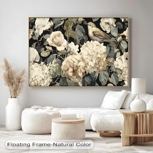 Vintage Bird and Floral Wall Art, Beige Botanical Canvas Print with Gold Frame, Elegant Rustic Nature-Inspired Home Décor, Canvas Wall Art