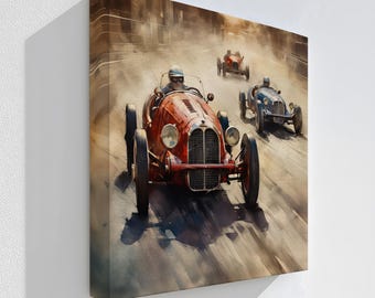 Stampa su tela di un'auto da corsa vintage: arte murale retrò ispirata al motorsport.