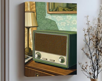 May include: A canvas print featuring a vintage green radio with a brown speaker grill. The radio sits on a wooden surface, next to a lamp and a window with floral wallpaper. The words "Stretched Canvas" are at the bottom.