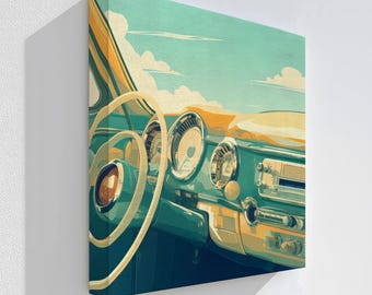 May include: Stretched canvas art print featuring a vintage car interior. The artwork showcases a teal dashboard, a white steering wheel, and a sky with clouds. The color palette includes teal, yellow, and white, creating a retro aesthetic.
