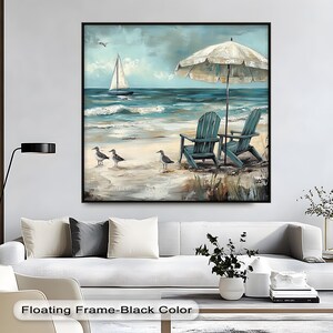Lienzo decorativo para pared "Relajación junto al mar": Póster de silla de playa con océano, lienzo y decoración enmarcada para hogares costeros