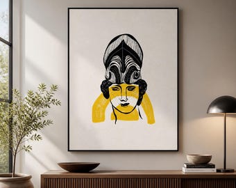 Abstract Woman Framed Canvas Wall Art, Black Yellow Face Print, Modern Boho Portrait Decor for Bedroom Living Room