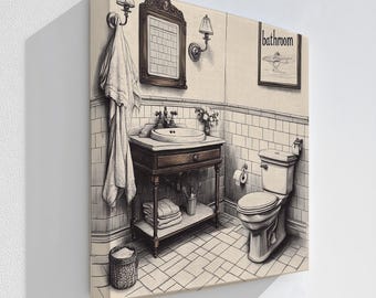 Bocetos de baño vintage: lienzo en blanco y negro o lámina enmarcada.
