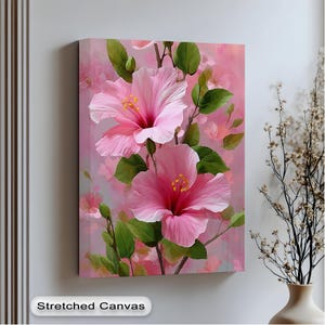 Pink Hibiscus Flower Canvas Art: Botanical Print with Gold Frame