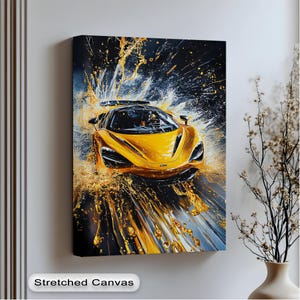 Yellow Sports Car Canvas Art: Modern Racing, Gold Frame
