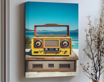 May include: A stretched canvas print featuring a vintage yellow and brown radio with a clear handle, set against a backdrop of a bright blue sky and ocean. The radio sits on a wooden surface. The text "Stretched Canvas" is at the bottom.