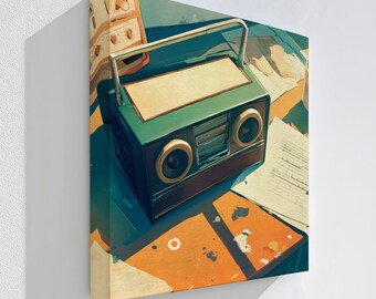 Puede incluir: Una impresión en lienzo estirado que presenta una radio de estilo vintage en tonos verdes, beige y marrón. La radio tiene dos altavoces y un asa. El fondo incluye formas naranjas y azules, y el texto "Stretched Canvas".