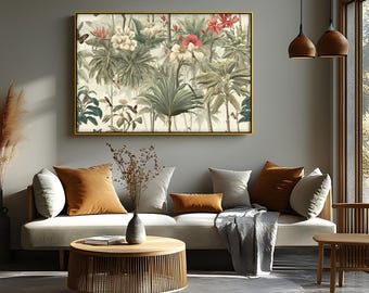 Tropical Jungle Canvas wall Art: Vintage Botanical canvas Prints with Natural Framed artwork