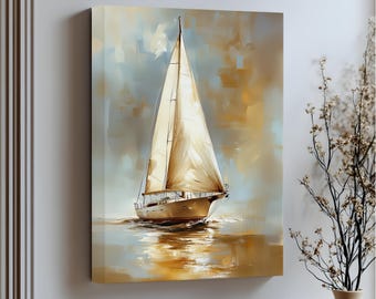 Golden Sailboat Canvas Art: Nautical Wall Decor with Floating Gold Frame