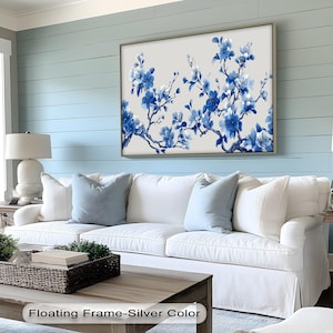 Blue Cherry Blossom Canvas Art: Asian-Inspired Floral Print with Floating Frame