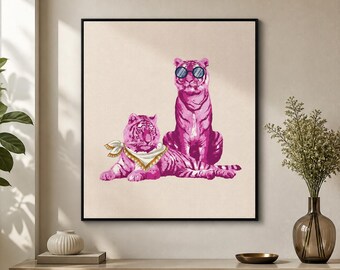 Pink Tiger Framed Canvas Wall Art, Funny Animal Print, Funky Pop Art Decor, Colorful Bedroom Living Room Wall Art