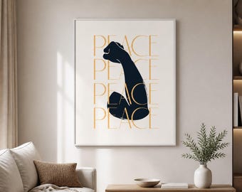 Peace Panther Framed Canvas Wall Art, Minimalist Black Cat Print, Modern Typography Decor for Bedroom Living Room