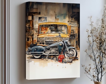 Retro Motorcycle Garage Canvas Art: Vintage Truck, Gold Floating Frame