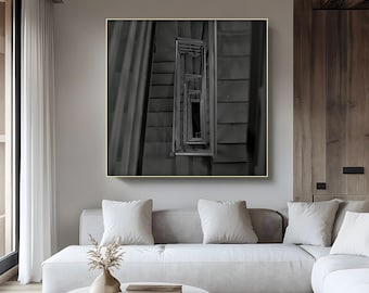 Minimalist Staircase Black and White Canvas Wall Art, Monochrome Poster, Canvas & Framed Decor