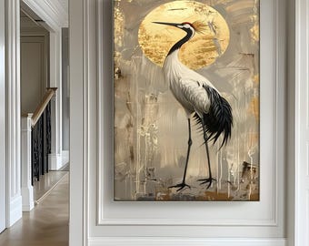 Japanese Crane Canvas Print: Golden Sun Accent, Modern Zen Decor