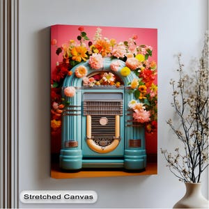 Retro Jukebox Wall Art, Floral Blue Jukebox on Pink Background with Gold Frame, Colorful Music Print for Eclectic Wall Decor