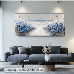 Blue Flower Coastal Path Art: Beach Cottage Canvas or Poster
