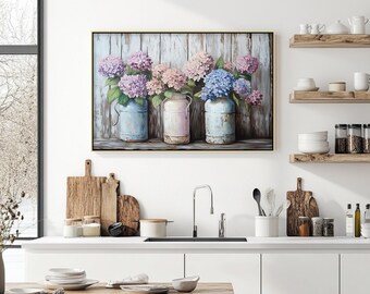 Hydrangea Bouquet Canvas Print: Rustic Farmhouse Kitchen Wall Art