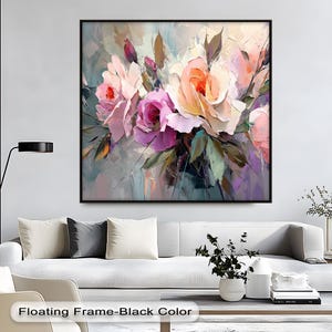 Romantic Abstract Floral Canvas, Textured Pink & Peach Rose Wall Art, Soft Pastel Flower Painting for Modern Bathroom or Bedroom,Canvas Art