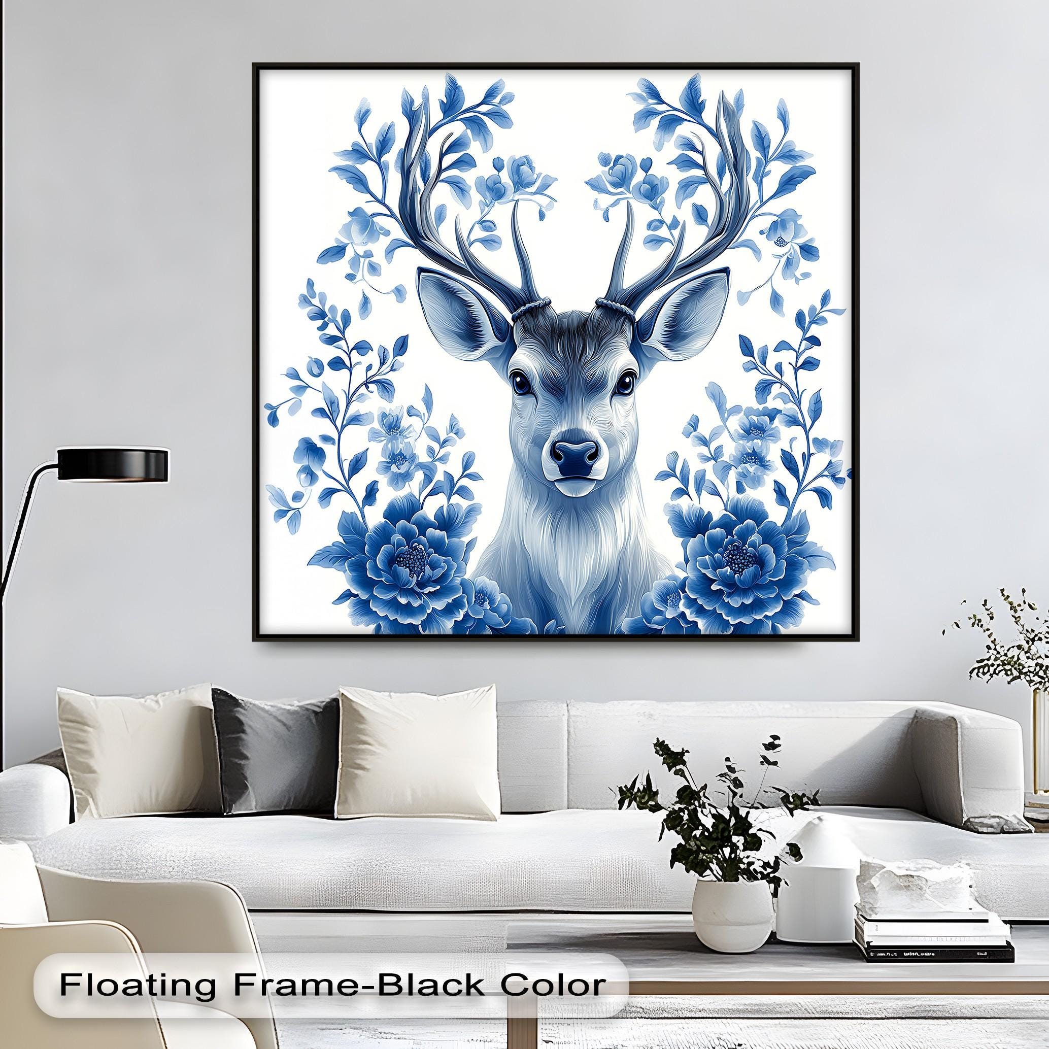 Blue Deer Floral Canvas Art: Elegant Woodland Print With Natural 