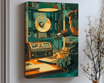 May include: A stretched canvas print depicts a radio studio scene. The artwork features a person wearing headphones, operating a mixing board, and speaking into a microphone. The scene is illuminated by a green lamp. The text "Stretched Canvas" is at the bottom.