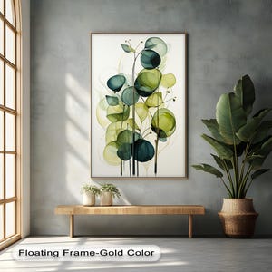ゴールドフレームの抽象的な植物プリント：モダンな幾何学的な植物の壁
