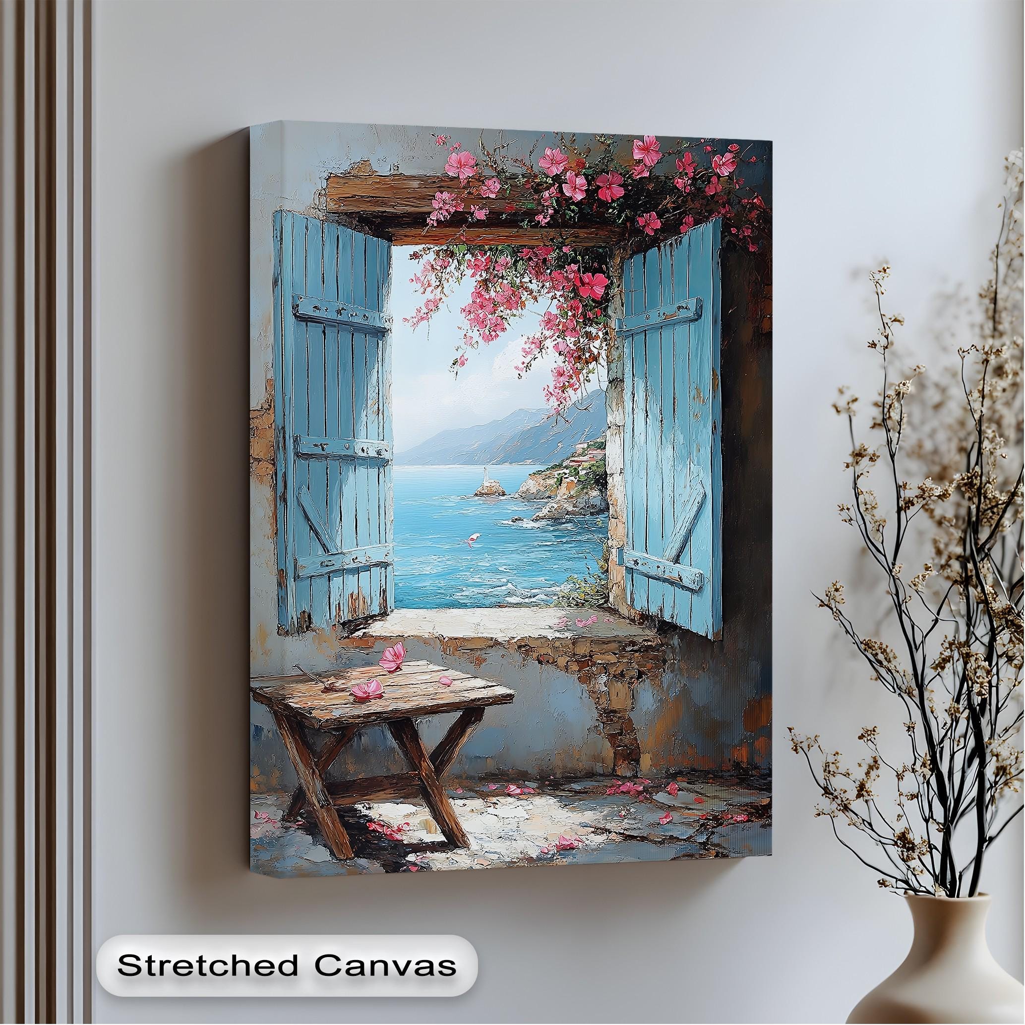 Mediterranean Seaside Canvas Art: Blue Shutters, Coastal Home