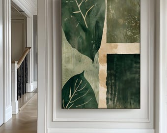 Groene abstracte bladkunst aan de muur: gouden lijst met botanische print