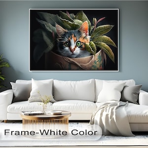 Stampa su tela con gatto e foglie - Stampa botanica su tela con gatto, decorazione naturale incorniciata, poster accogliente con animale domestico Calico per soggiorno e camera da letto, stampa su tela