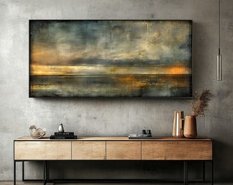 Gold Accent Abstract Landscape Canvas: Modern Blue & Yellow Wall Art