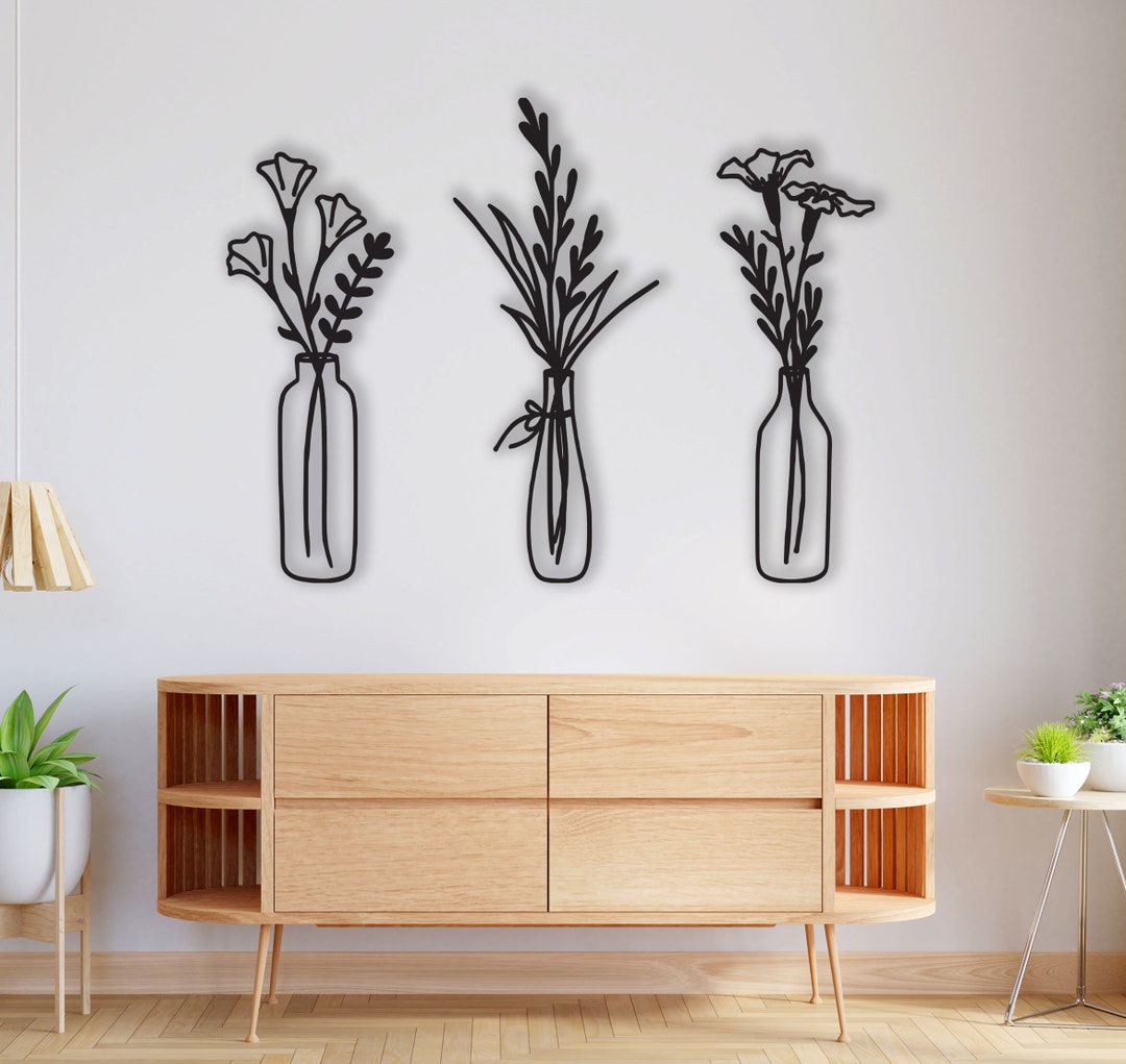 Floral Metal Wall Decor,3 Pieces Flower in Vase Metal Wall Decor