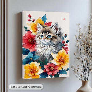 Floral Kitten Framed Canvas Wall Art–Cute Cat with Vibrant Flowers | Nursery & Pet Lover Gift | Vertical Framed Animal Print,Canvas Wall Art