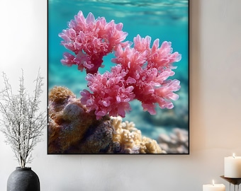 May include: A framed print featuring a vibrant underwater scene. The image showcases pink coral formations against a backdrop of turquoise water. The text "Floating Frame-Black Color" is visible at the bottom.