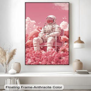Quadro su tela con fenicottero astronauta - Scena spaziale fantasy rosa con fiori e sedia surreale per un arredamento moderno e audace, quadro su tela