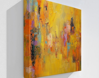 Arte abstracto en lienzo de color amarillo anaranjado: pintura moderna con textura y marco flotante.
