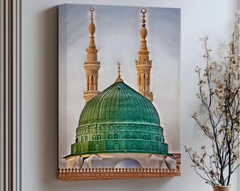 Green Dome Medina Canvas Print: Islamic Mosque Art with Anthracite Frame