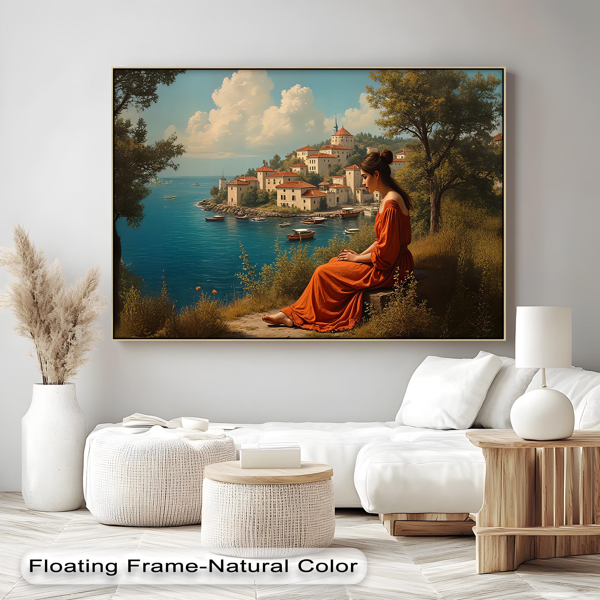 Mediterranean Woman Canvas Print: Serene Coastal Village Scene
