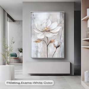 Beige Floral Canvas Art: White Flower, Silver Floating Frame