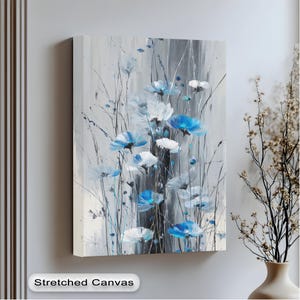 Stampa artistica da parete floreale blu su tela – Stampa botanica con cornice bianca quadrata per soggiorno, dipinto naturalistico moderno e tranquillo