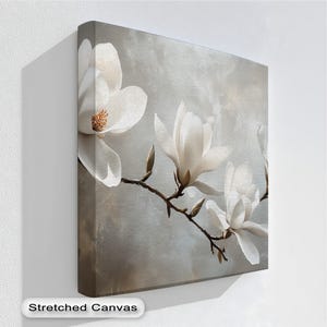 White Magnolia Wall Art with Anthracite Frame, Tranquil Horizontal Canvas Print for Modern Living Rooms & Elegant Minimalist Decor