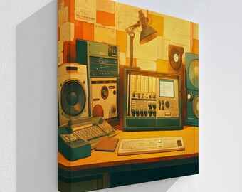 May include: A stretched canvas print featuring a retro-style illustration of a recording studio. The artwork showcases vintage audio equipment, including speakers, a mixing console, and a keyboard, all set against a backdrop of orange and yellow tones.