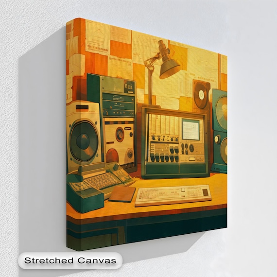 Retro Audio Equipment Canvas Art: Gold Frame, Vintage Music Studio
